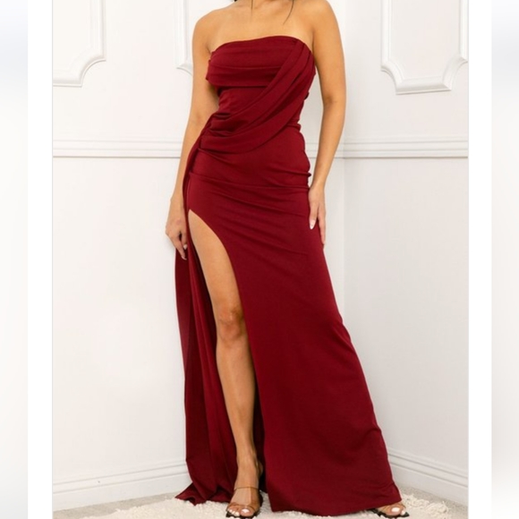 New, Draped pleated tube top, ruched flare bottom maxi dress with a zipper back. - Picture 3 of 3